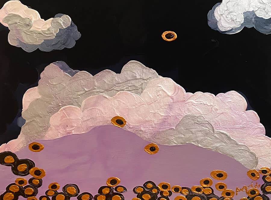 Perpetual Landscape by Rosana Auqué, acrylic, gold and silver painting on canvas (50 x 30 cm), Skies and Flowers collection, 2021