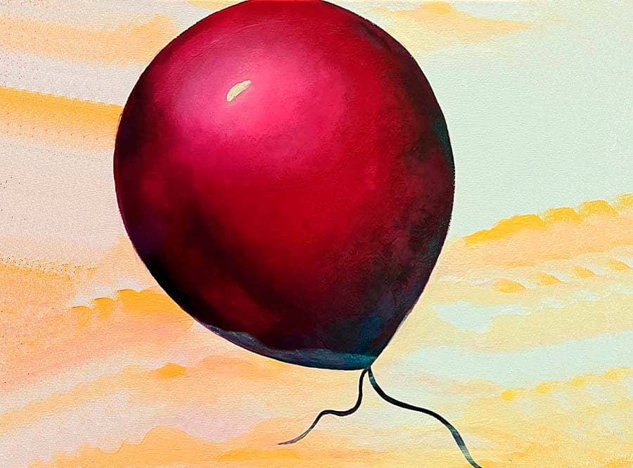 Liberation by Rosana Auqué, contemporary abstract painting with balloons exploring freedom, ascent, and emotional release (40 x 40 cm), Volare Collection, 2023