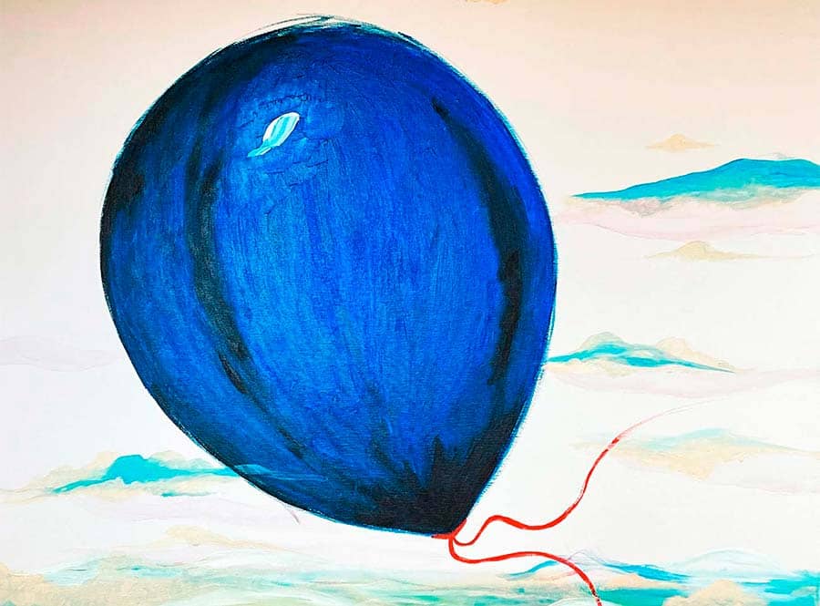 The Blue Balloon by Rosana Auqué, contemporary abstract painting with a balloon exploring calm, ascent, and emotional movement (100 x 80 cm), Volare Collection, 2023