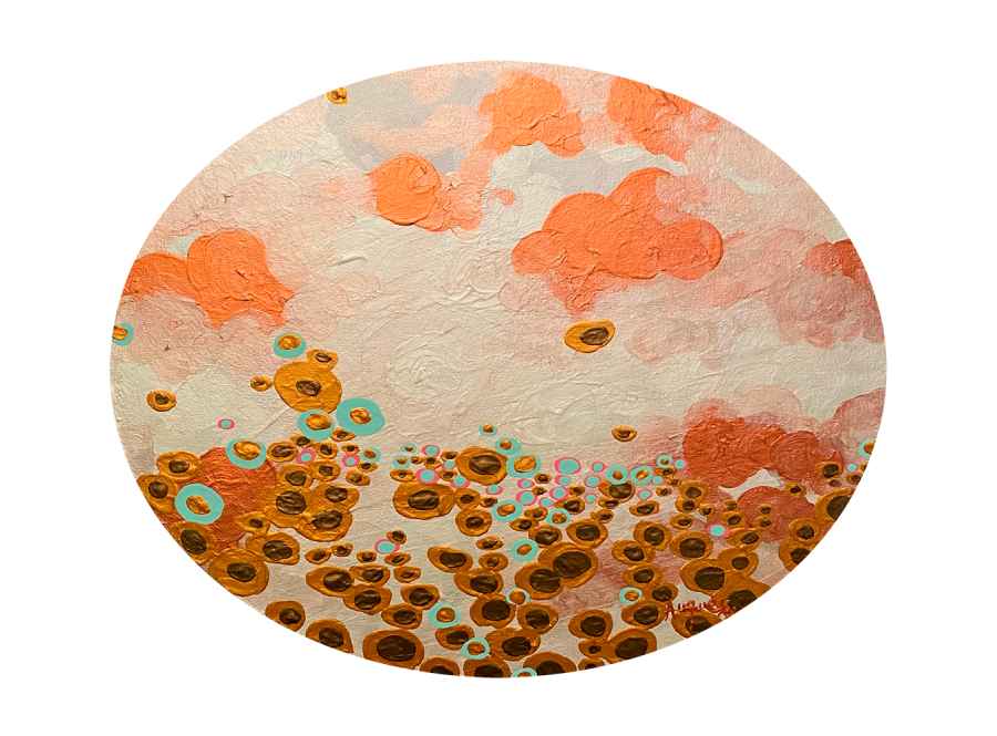 El jardín de los milagros by Rosana Auqué, acrylic painting on canvas (40 x 50 cm), Skies and Flowers collection, 2021