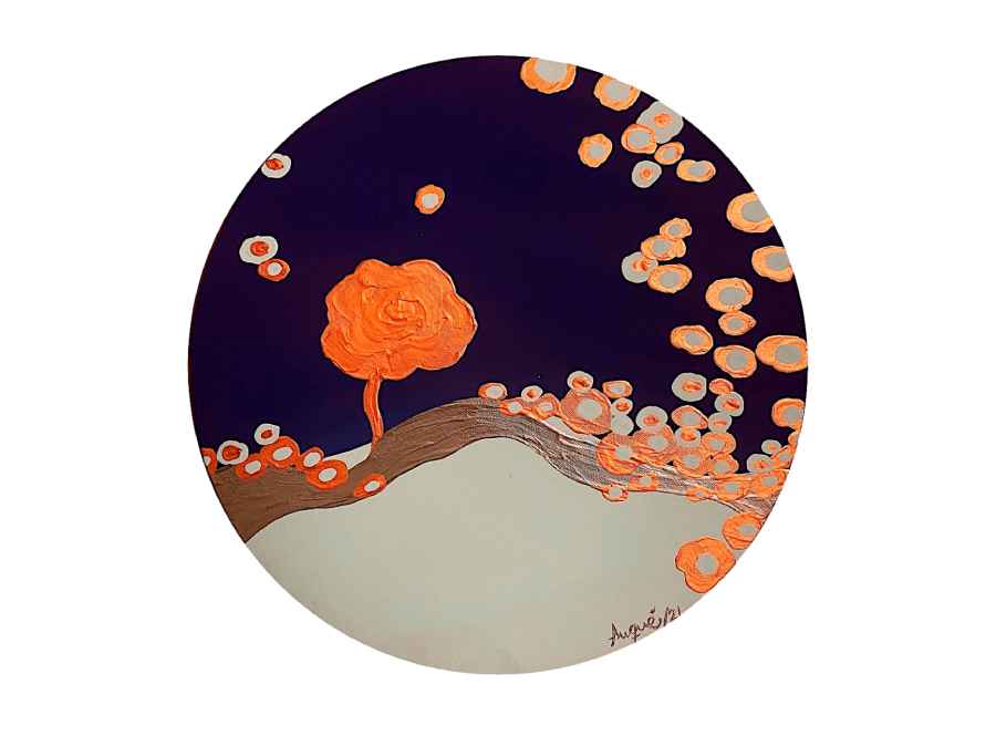 Zinnia by Rosana Auqué, acrylic painting on canvas (50 cm diameter), Skies and Flowers collection, 2021