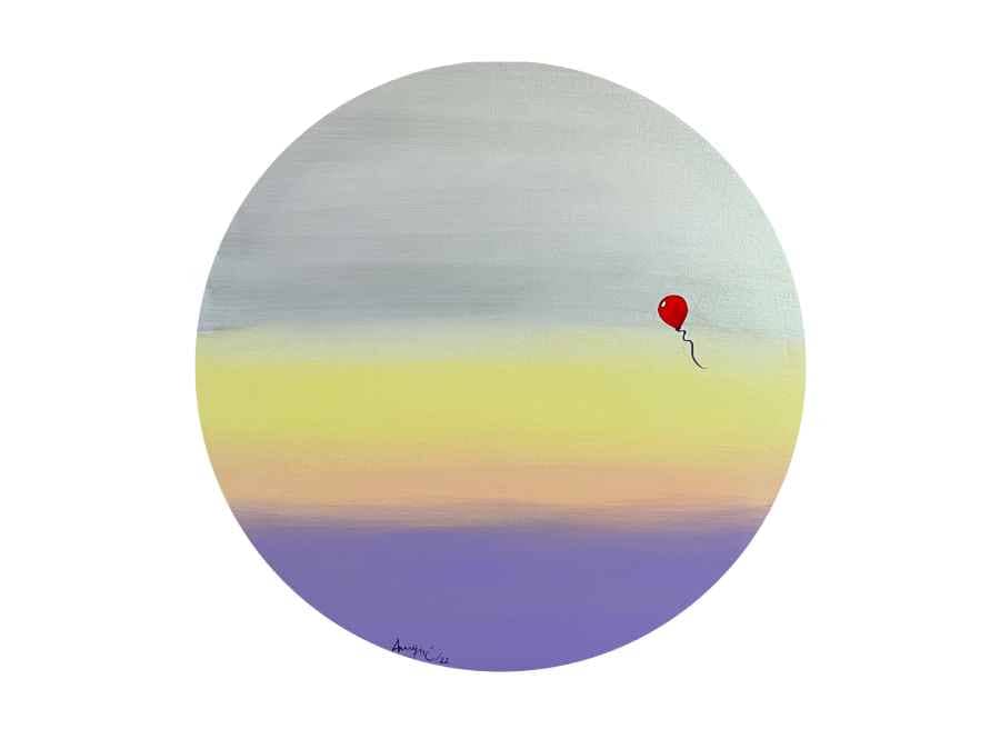 Soul by Rosana Auqué, contemporary abstract painting with balloons exploring the soul, ascent, and emotional movement (60 cm diameter), Volare Collection, 2022