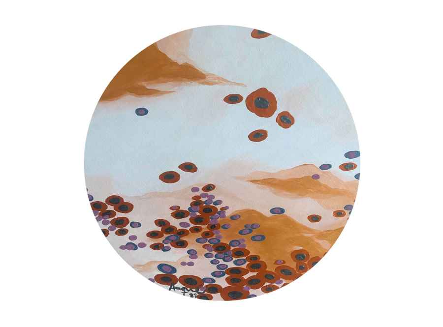 Trilogy Gold by Rosana Auqué, acrylic painting on canvas (60 cm diameter), Skies and Flowers collection, 2022