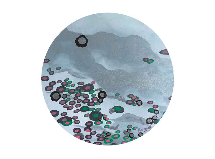 Trilogy Silver by Rosana Auqué, acrylic painting on canvas (60 cm diameter), Skies and Flowers collection, 2022