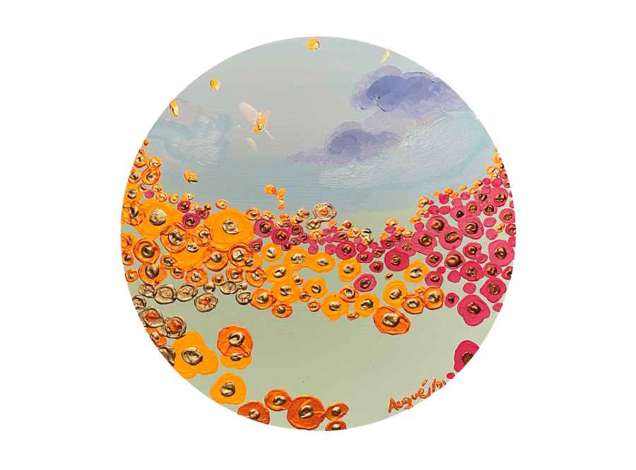 Alegría by Rosana Auqué, oil painting on canvas (30 cm), Skies and Flowers collection, 2021