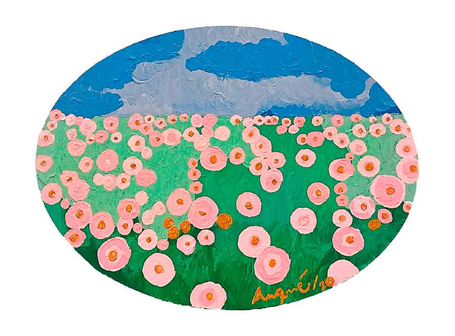 Campo de rosas by Rosana Auqué, acrylic painting on canvas (oval format), Skies and Flowers collection, 2020