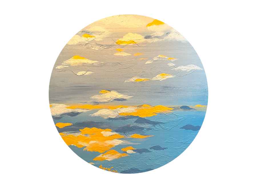 Growth by Rosana Auqué, acrylic painting on canvas (60 cm diameter), Skies and Flowers collection, 2022