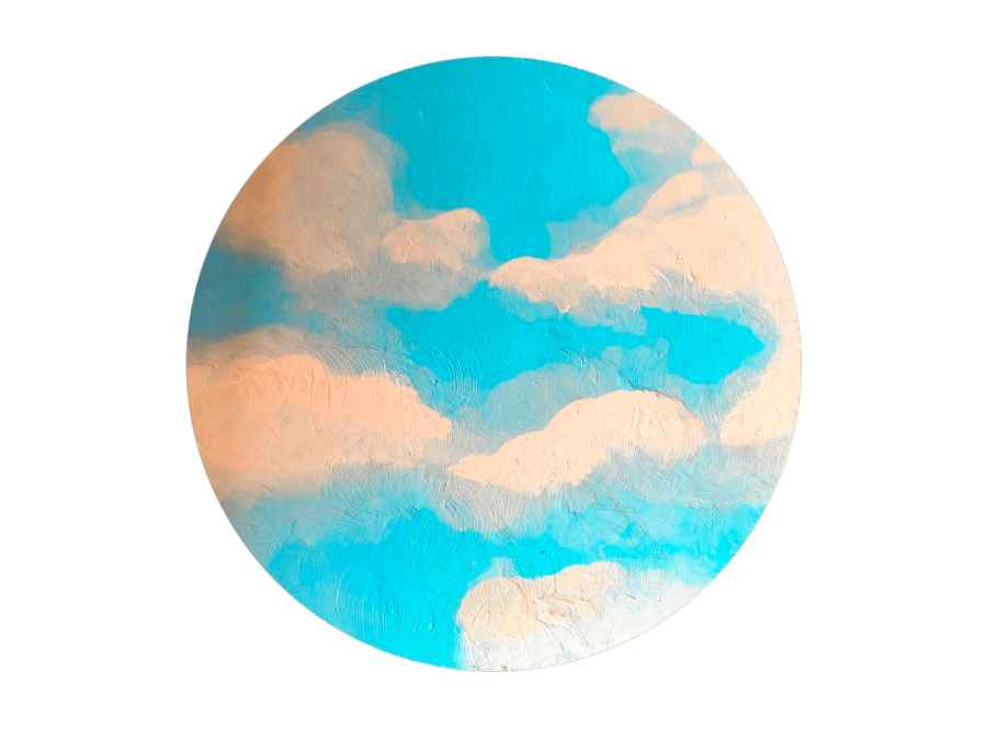 Nubes blancas by Rosana Auqué, oil painting on canvas (25 cm diameter), Skies and Flowers collection, 2021