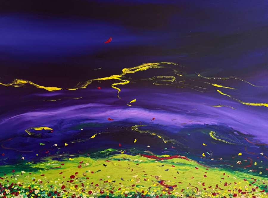 I Was Here by Rosana Auqué, oil painting from the Airs of Freedom collection with balloon fragments becoming flowers