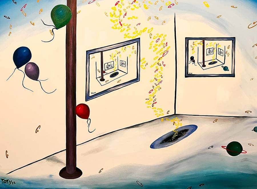 Possibilities by Rosana Auqué, contemporary abstract painting with balloons exploring openness, potential, and timeless emotional continuity (150 x 100 cm), Eternal Collection, 2022