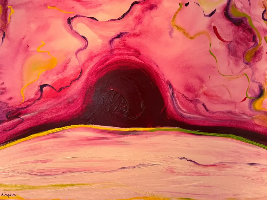 Painting “A Memory of Positano” by Rosana Auqué, showcasing a dark pink arch-like form under a glowing sky in warm tones.