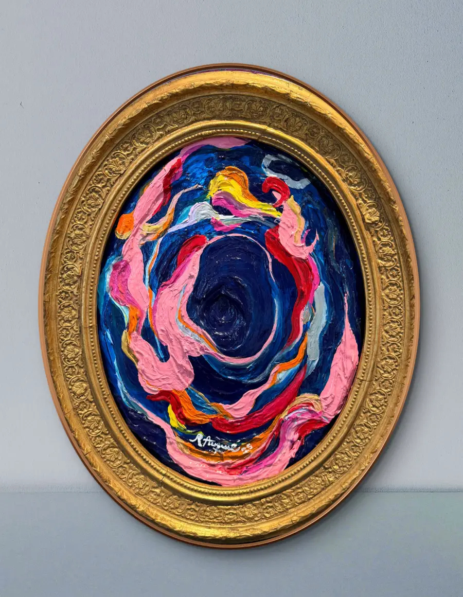 Painting “A Night in Venice” by Rosana Auqué, featuring vibrant swirling forms in deep blue, pink, and gold within an oval frame.