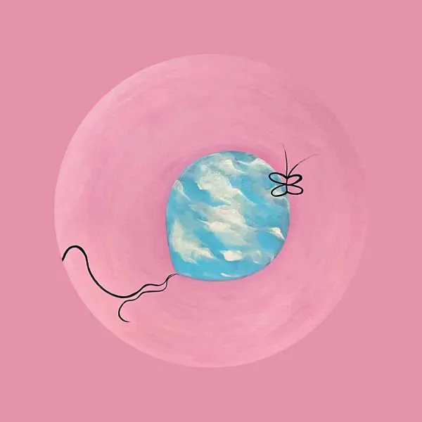 Deep A balloon with a string entering a circular sky window on a pink canvas.
