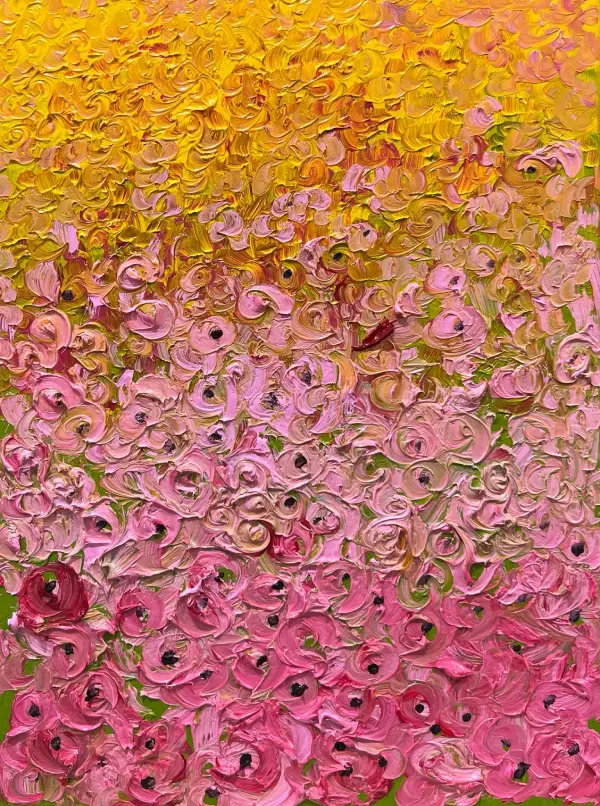 Facetune_28-08-2024-09-08-44 Vertical abstract painting with a pink-to-golden-yellow gradient, modern textured artwork by Rosana Auque.