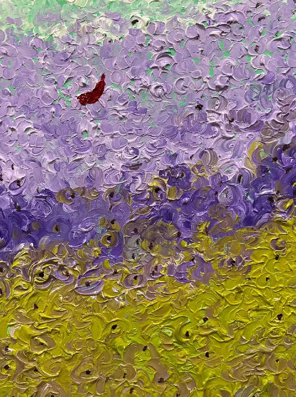 Facetune_28-08-2024-09-11-15 Abstract landscape painting with a violet base and pale green sky, modern textured artwork by Rosana Auque.