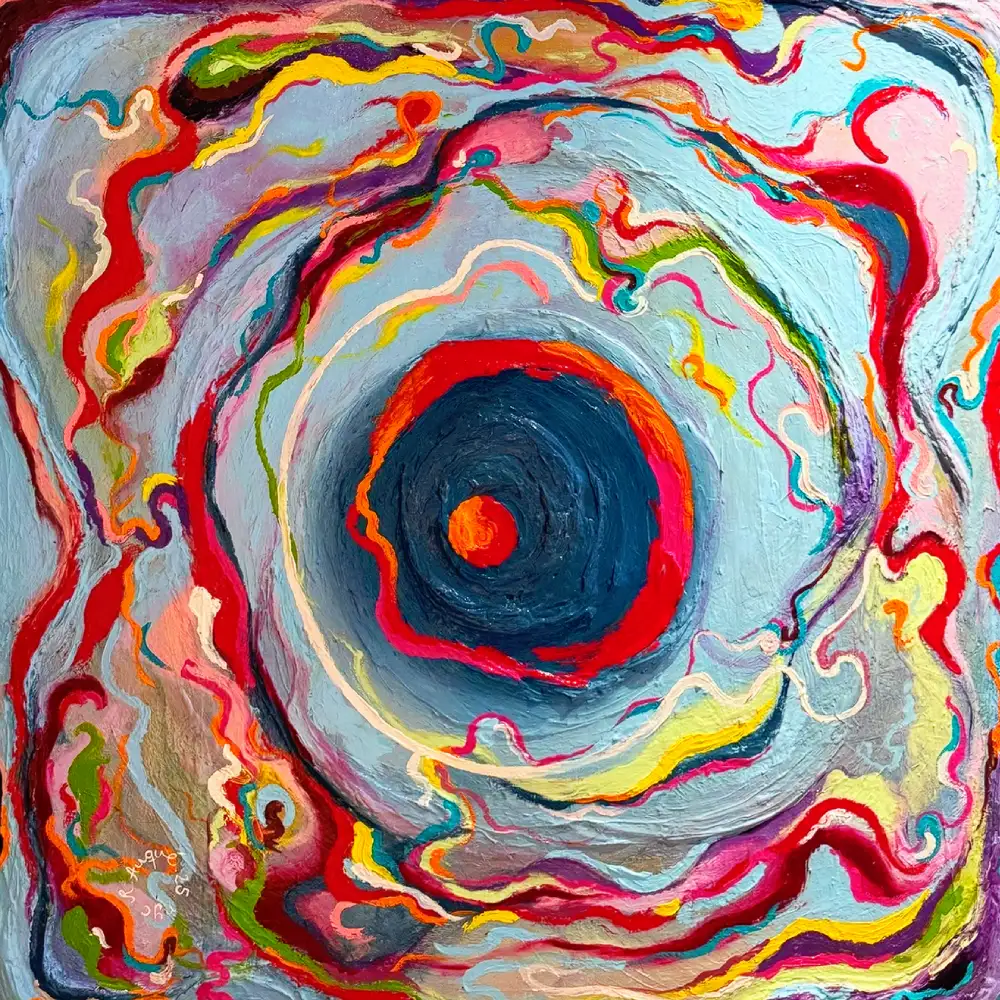 Painting “Il Cielo in una Stanza” by Rosana Auqué, featuring vibrant swirling colors around a deep blue and orange center symbolizing light and emotion.