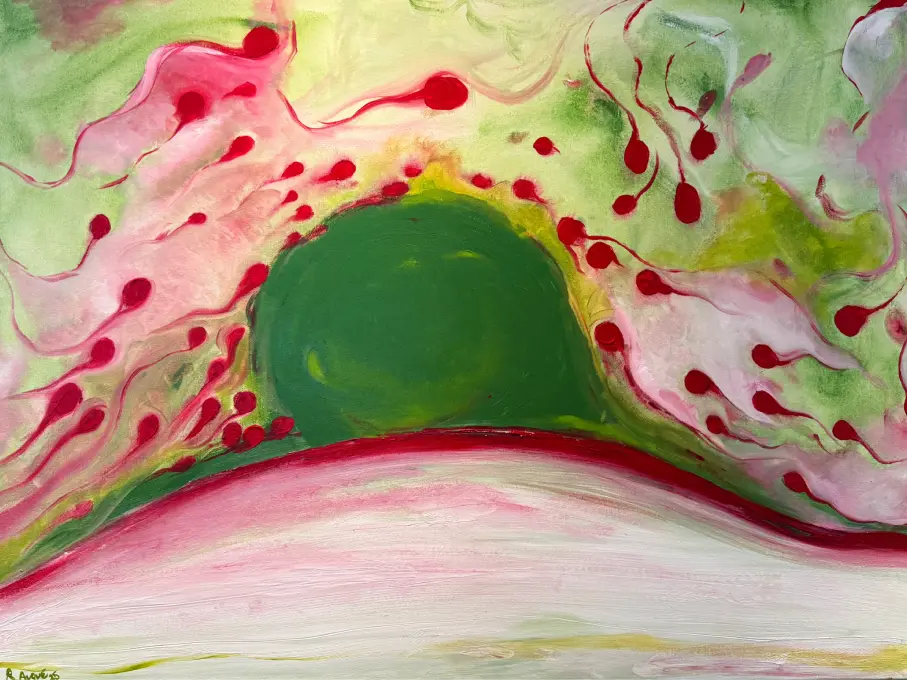 Painting “Italia” by Rosana Auqué, with a green circular core surrounded by pink and red organic flows over a soft white base.