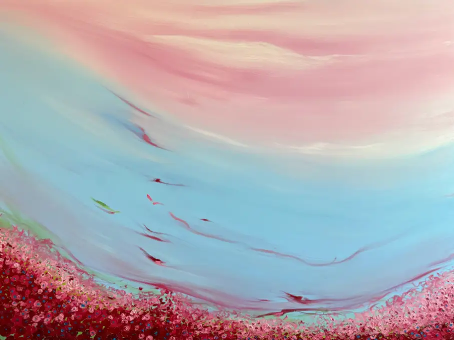 Painting “Metamorphosis” by Rosana Auqué — acrylic artwork symbolizing transformation and rebirth through color and movement.