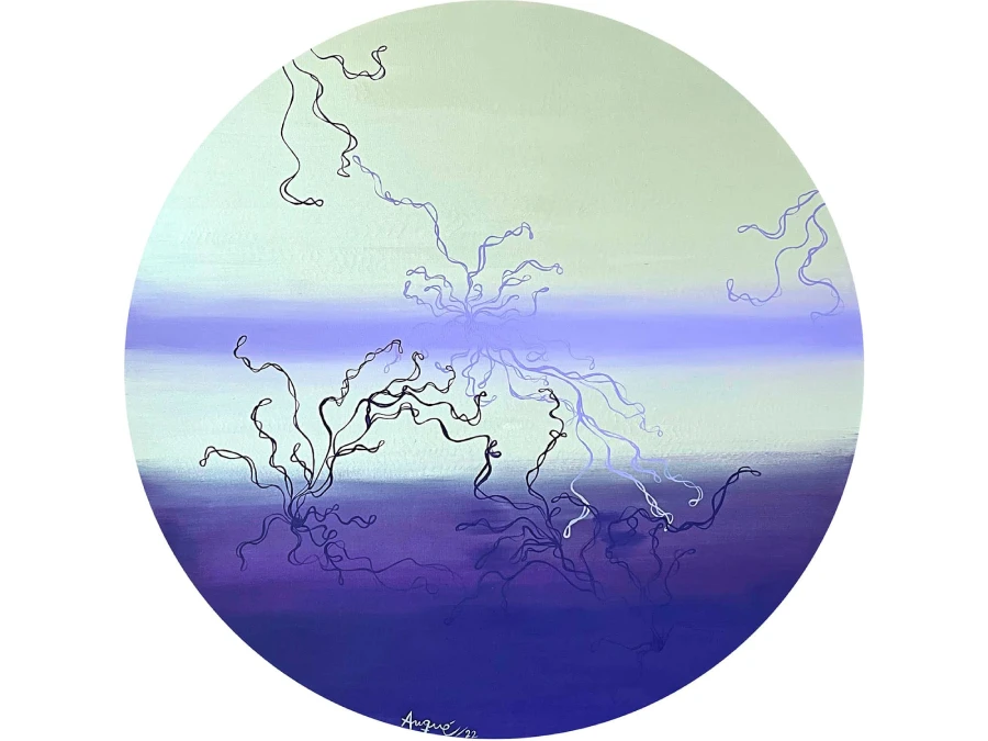 Abstract circular painting in violet and lavender tones with black flowing lines by Rosana Auqué, part of the Connection series.