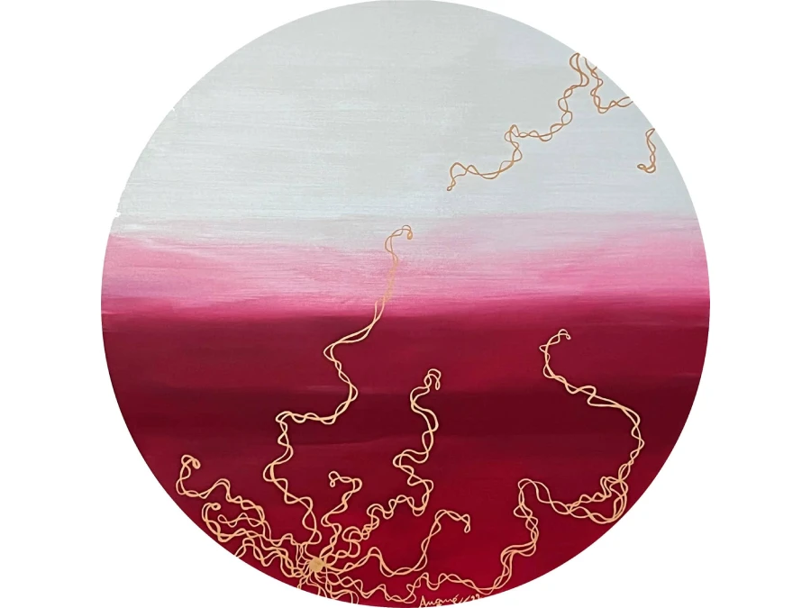 Abstract circular painting in crimson and rose tones with golden organic lines by Rosana Auqué, expressing emotional vitality and connection.