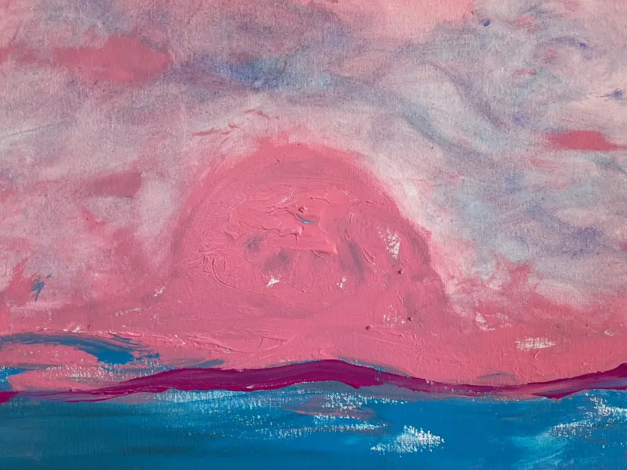 Painting “Sunsets I” by Rosana Auqué, featuring soft pink and blue tones merging in a serene abstract horizon.<br />
