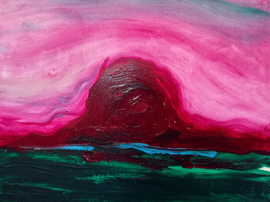 Painting “Sunsets II” by Rosana Auqué, a vivid composition of pink, red, and green hues forming an abstract sunset landscape.