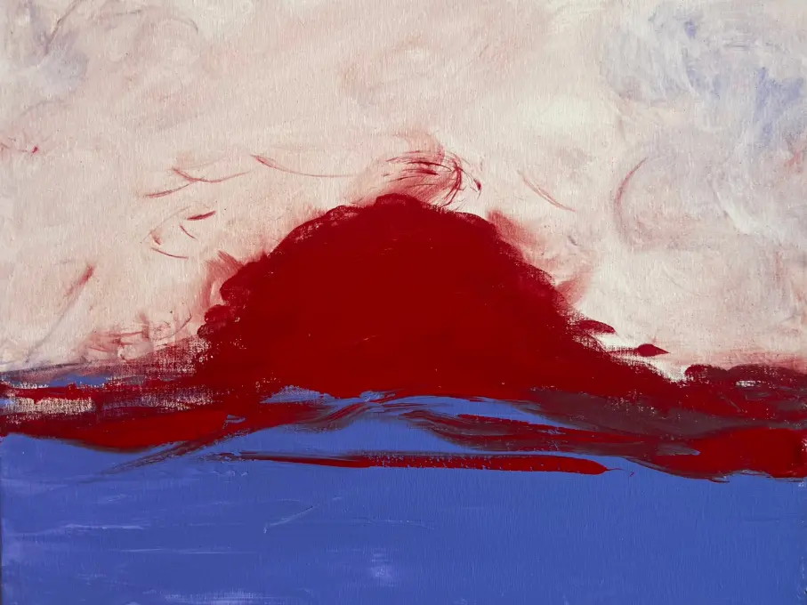 Painting “Sunsets III” by Rosana Auqué, with a red abstract form emerging from blue and beige layers under a