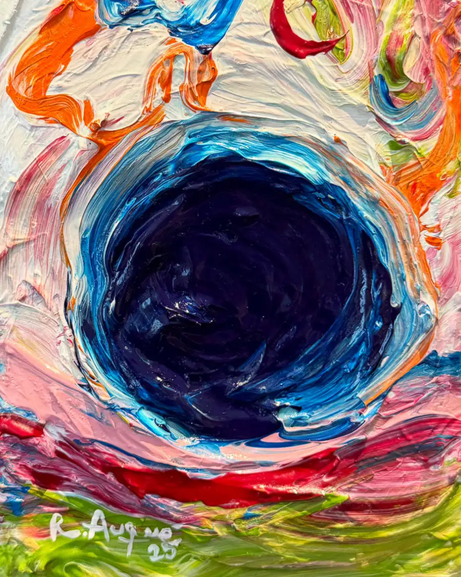 Painting “Un pomeriggio a Napoli” by Rosana Auqué, with swirling blue, pink, and green tones capturing the warmth and rhythm of an afternoon in Naples.