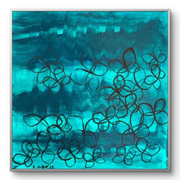 buterfly-1 Abstract teal and turquoise painting with black butterfly outlines.