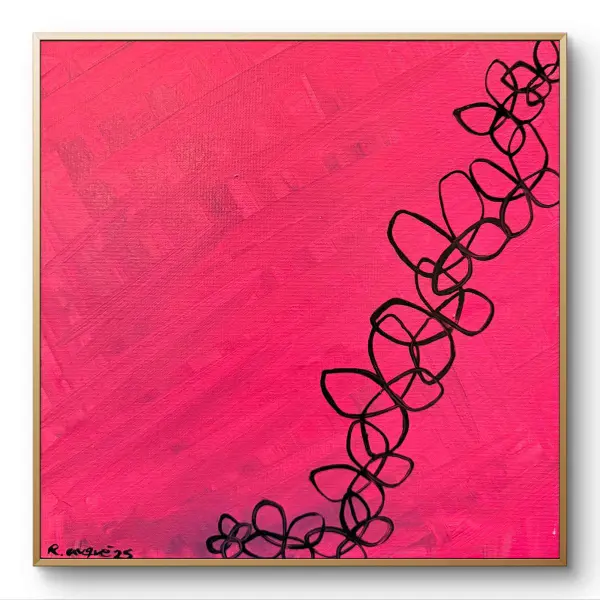 buterfly-10 Abstract pink artwork with a diagonal pattern of black butterfly outlines.