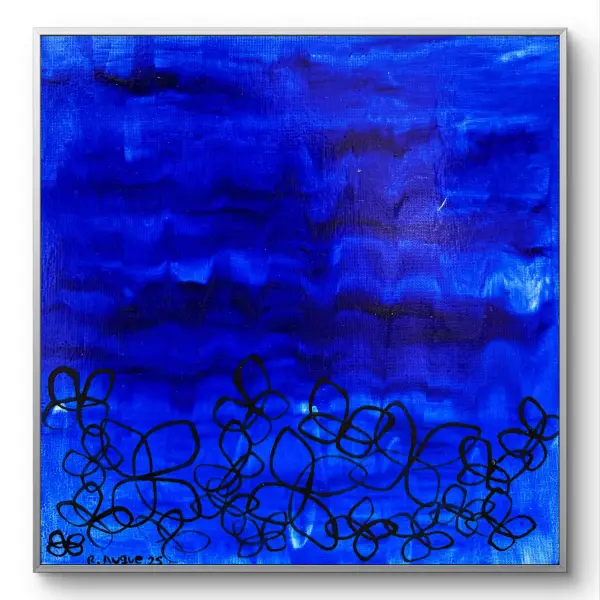 buterfly-11 Blue painting with black butterfly outlines in a loose pattern.