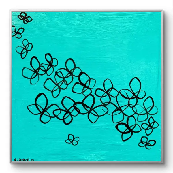 buterfly-3 Bright turquoise painting with scattered black butterfly outlines.