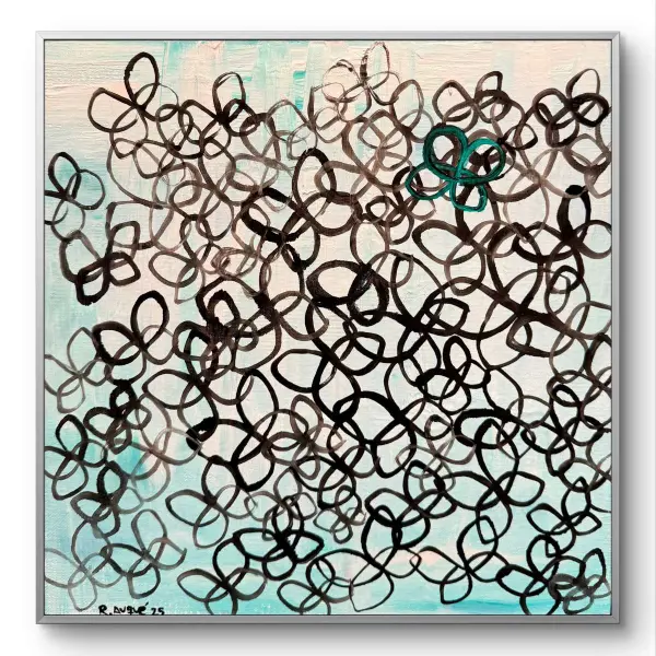 buterfly-4 Neutral abstract background with dense black butterfly outlines and one teal butterfly.