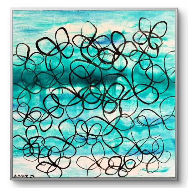 buterfly-6 Light cyan and white textured painting with scattered black butterfly shapes.