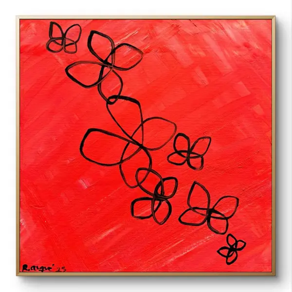 buterfly-8 Bright red background with stylized butterflies flowing diagonally.