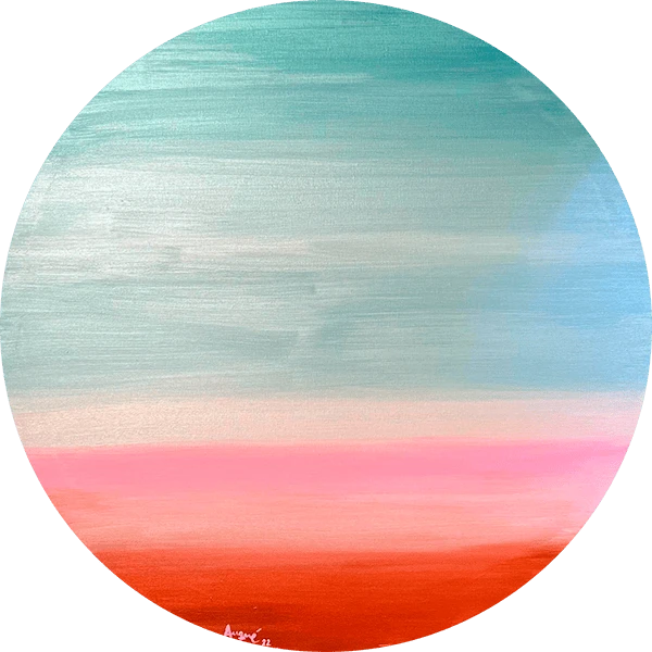 candy-original-contemporary-painting-by-rosana-auque Circular acrylic painting titled Candy by Rosana Auqué, featuring vibrant colors and fluid abstract forms on canvas