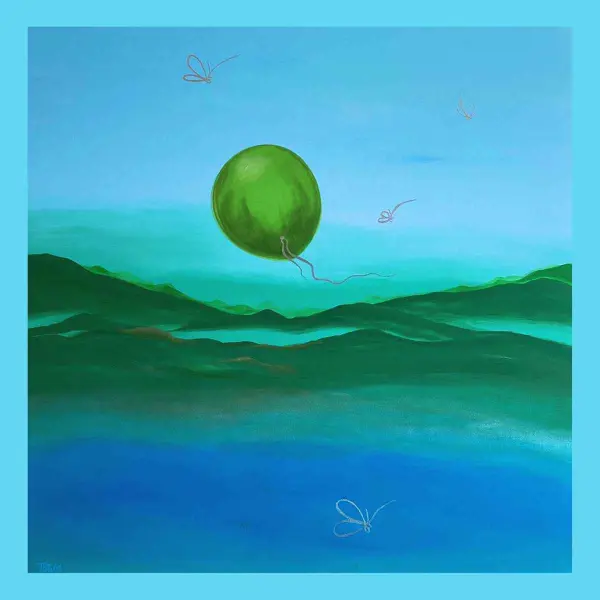 elevation-1-3 A single green balloon hovering above stylized ocean waves under a bright sky.