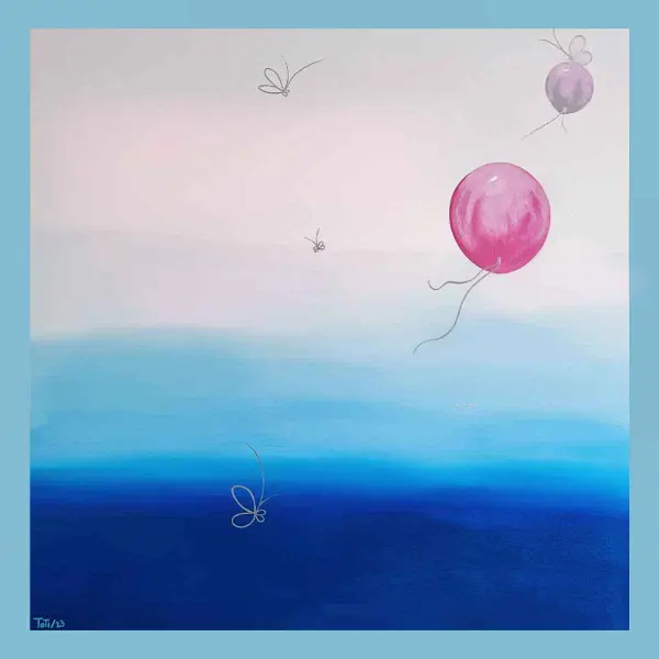 elevation-2-3 Two balloons—one pink and one lavender—drifting through a soft gradient sky above an abstract sea.