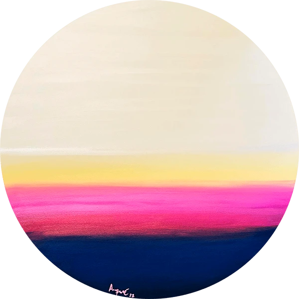 fun-original-contemporary-painting-rosana-auque Circular painting titled Fun by Rosana Auqué, featuring dynamic abstract shapes and vibrant color contrasts on canvas.