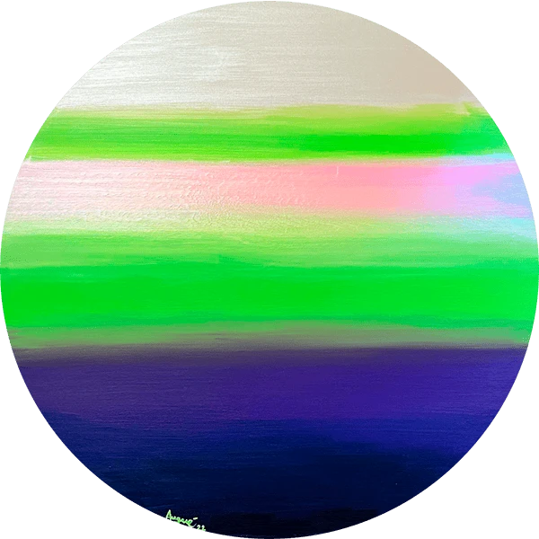 growth-original-contemporary-painting-rosana-auque Circular painting titled Growth by Rosana Auqué, showcasing layered abstract forms and a vibrant color palette on canvas.