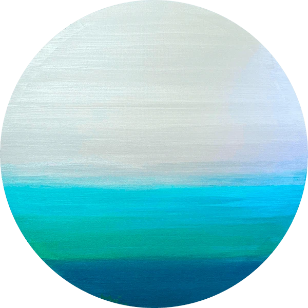 hope-original-contemporary-painting-rosana-auque Circular painting titled Hope by Rosana Auqué, featuring expressive abstract shapes and vibrant colors on canvas.