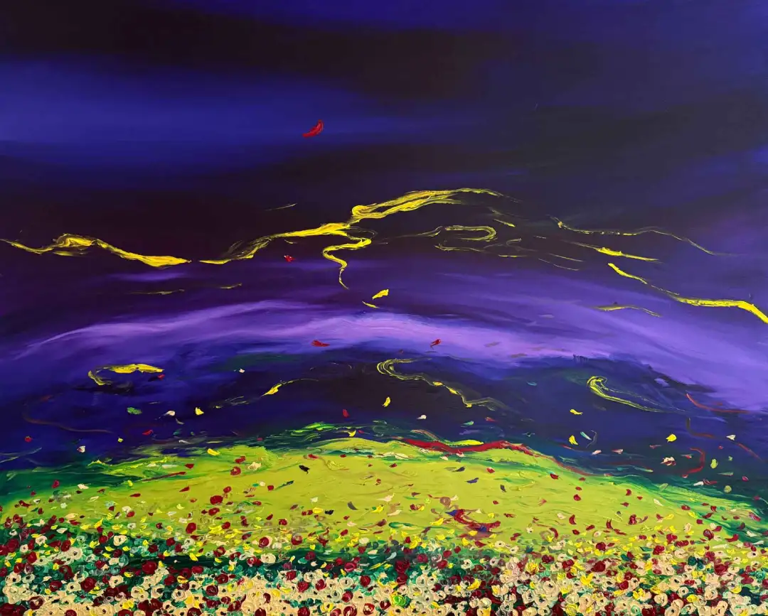 I Was Here by Rosana Auqué – Airs of Freedom Collection I Was Here by Rosana Auqué, oil painting from the Airs of Freedom collection with balloon fragments becoming flowers