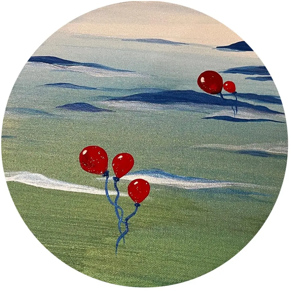 Cherries by Rosana Auqué, circular acrylic on canvas painting from 2022 with repeated cherry forms, warm abstract color, and an intimate atmosphere of closeness and affection