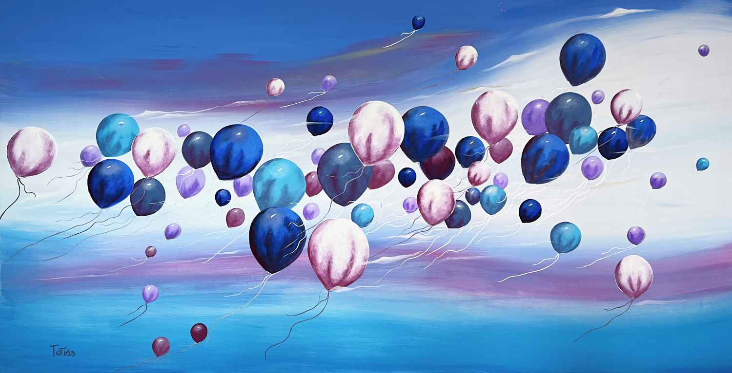 Forms of Love by Rosana Auqué, abstract painting with blue and pink balloons floating across a luminous sky